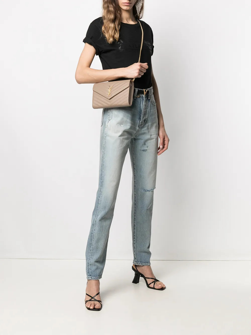 YSL CASSANDRE pink envelope chain wallet in lambskin