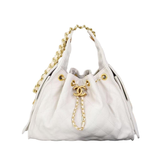 Chanel Gabrielle Drawstring Bucket Bag in White Quilted Metallic Calfskin with Gold Hardwa 26 cm