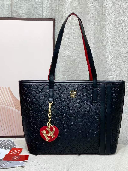 Carolina Herrera Locked Tote Bag in Black Monogram Embossed Leather with Red Interior Handles  32 cm