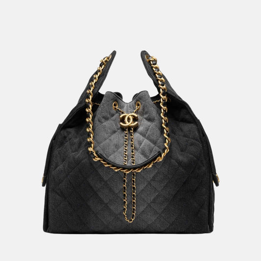 Chanel Gabrielle Drawstring Bucket Bag in Black Quilted Metallic Calfskin with Gold Hardwa 26 cm