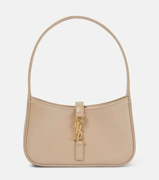 Saint Laurent Le 5 à 7 beige Patent Leather Shoulder Bag with Gold Hardware