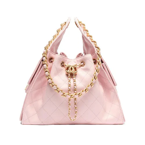Chanel Gabrielle Drawstring Bucket Bag in Pink Quilted Metallic Calfskin with Gold Hardwa 26 cm
