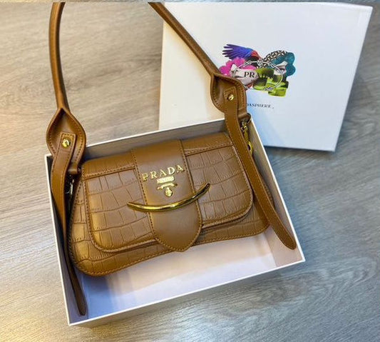 Prada Sidonie Shoulder Bag in Cognac Brown Saffiano Leather with Gold Hardware