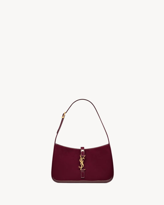 Saint Laurent Le 5 à 7 Burgundy Patent Leather Shoulder Bag with Gold Hardware