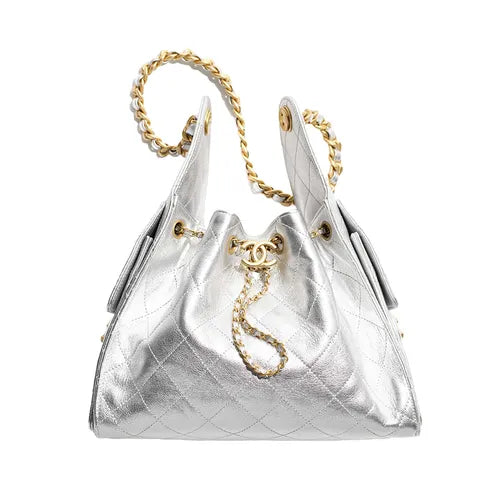 Chanel Gabrielle Drawstring Bucket Bag in Silver Quilted Metallic Calfskin with Gold Hardwa 26 cm