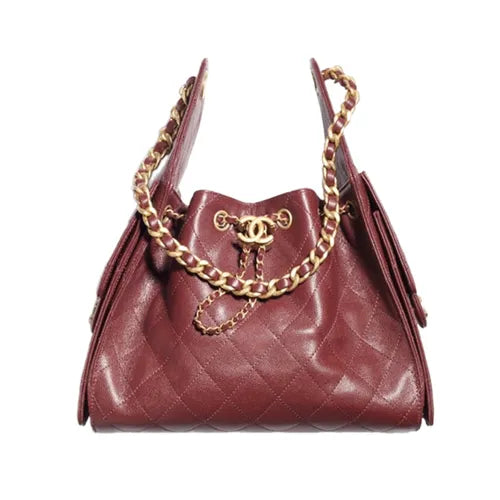 Chanel Gabrielle Drawstring Bucket Bag in Burgundy Quilted Metallic Calfskin with Gold Hardwa 26 cm