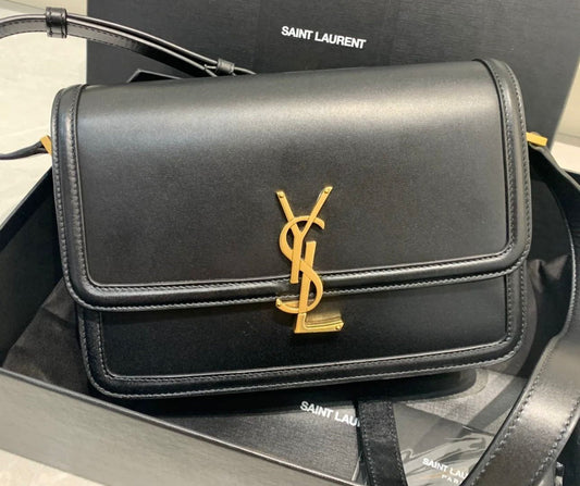 Saint Laurent Solferino Shoulder Bag in Black Box Leather with Gold Cassandre Hardware 23 cm