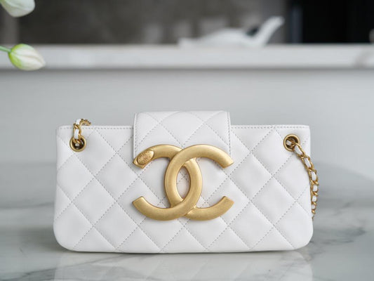 Chanel 24C Round Shoulder Bag in White Grained Leather with Gold Chain Strap – 24 cm